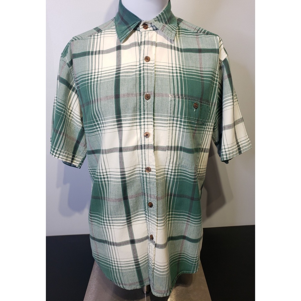 JanSport Mens Size Medium Short Sleeve Button Up Plaid Green White Pocket